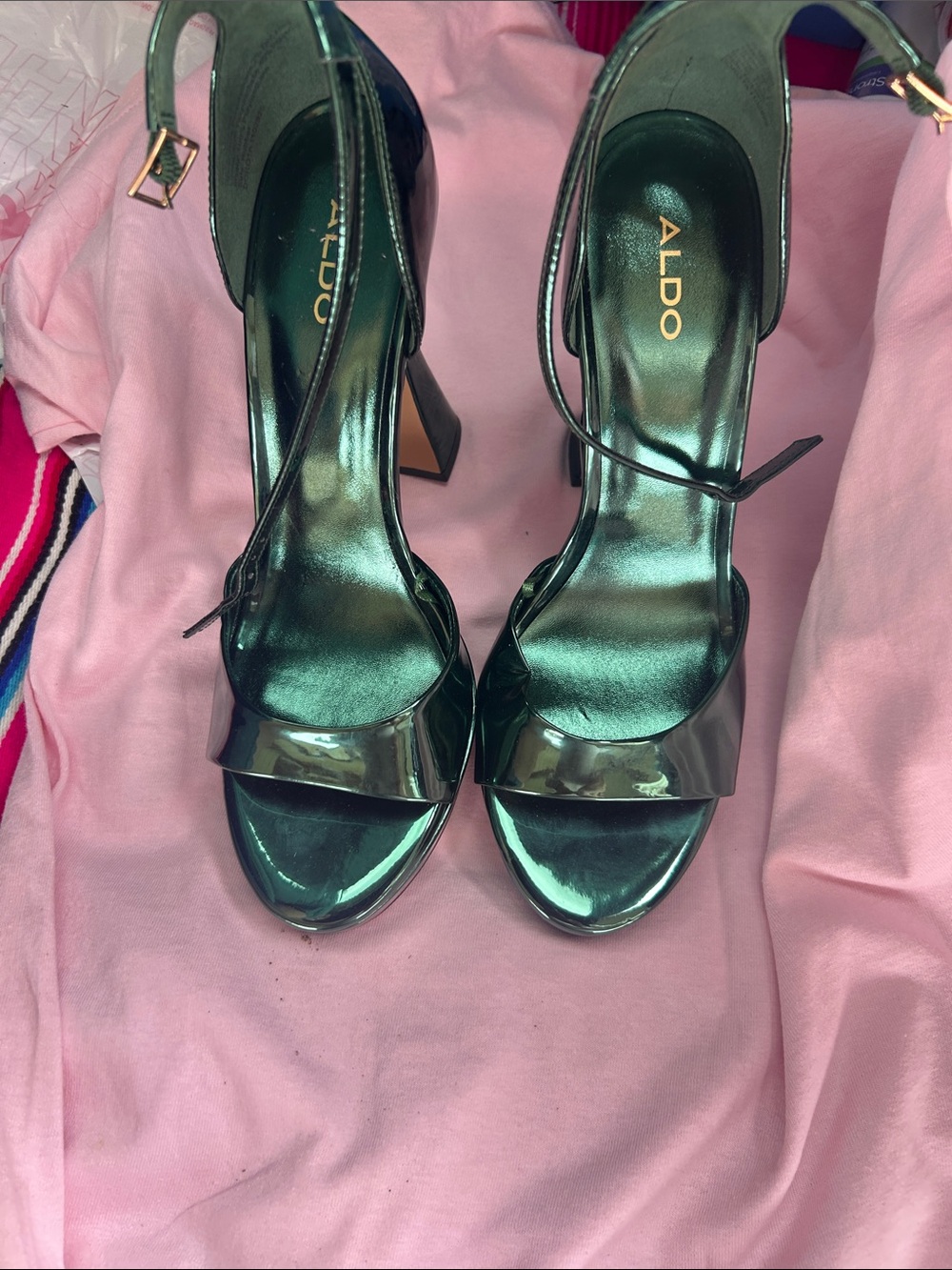 ALDO Metallic Emerald Green Open-Toe Ankle Strap Heels
